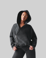 UNISEX ASYMMETRICAL ACID WASH ZIP UP JACKET (BLACK) thumbnail 2