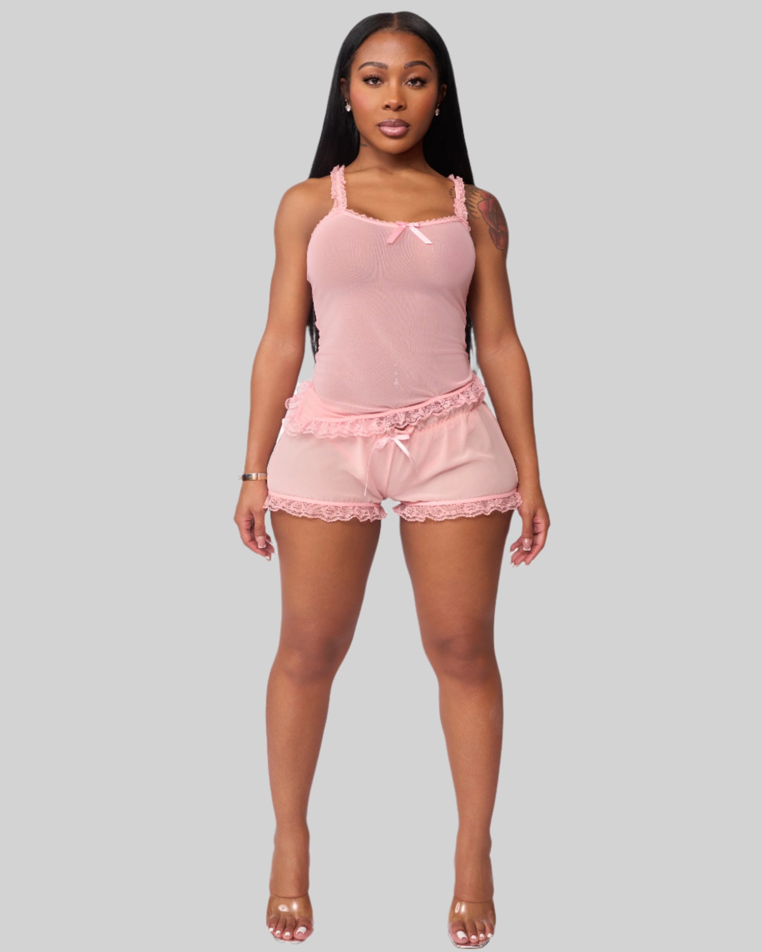 LOVE ME NOT SCALLOPED MESH SHORTS (BABY PINK)