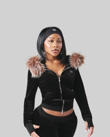 VELOUR PLUSH TRACKSUIT JACKET WITH FUR - BLACK [FINAL SALE] thumbnail 2